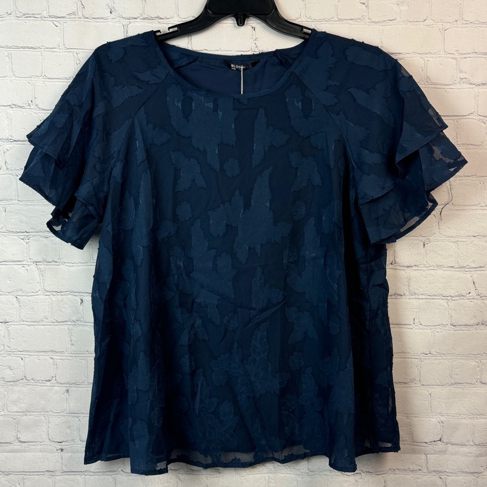 BloomChic Blue Floral Sheer Overlay Double Ruffle Sleeve Top Size Large 12 - Picture 4 of 9